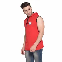 Stylish Red Cotton Blend Solid Sleeveless Hoodies For Men-thumb2