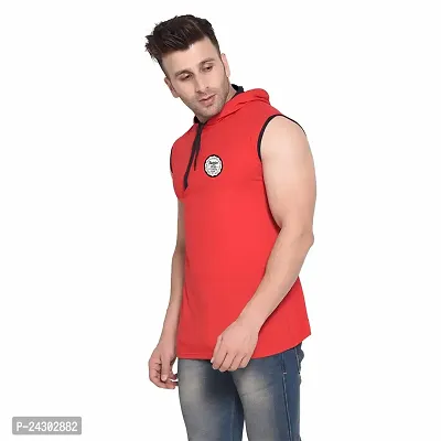 Stylish Red Cotton Blend Solid Sleeveless Hoodies For Men-thumb3