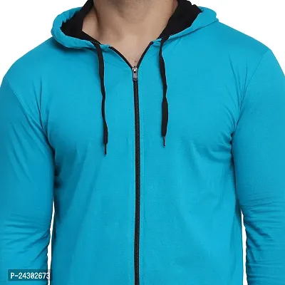 Stylish Turquoise Cotton Blend Solid Long Sleeves Hoodies For Men-thumb5