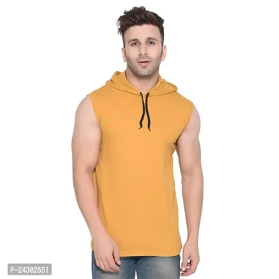 Stylish Golden Cotton Blend Solid Sleeveless Hoodies For Men