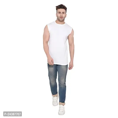 Stylish White Cotton Blend Sleeveless Solid T-Shirt For Men-thumb5