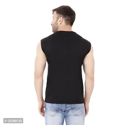 Stylish Black Cotton Blend Sleeveless Solid T-Shirt For Men-thumb2