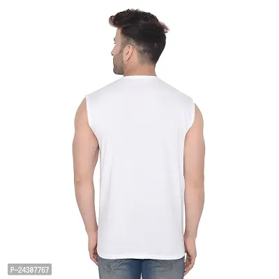 Stylish White Cotton Blend Sleeveless Solid T-Shirt For Men-thumb2