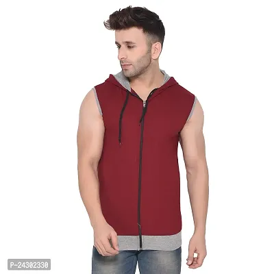 Stylish Maroon Cotton Blend Solid Sleeveless Hoodies For Men-thumb0