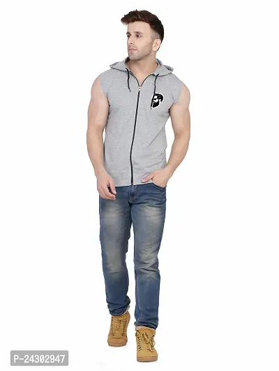 Stylish Silver Cotton Blend Solid Sleeveless Hoodies For Men-thumb4