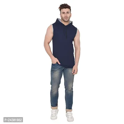 Stylish Navy Blue Cotton Blend Solid Sleeveless Hoodies For Men-thumb5