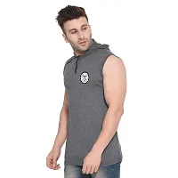 Stylish Grey Cotton Blend Solid Sleeveless Hoodies For Men-thumb2