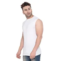 Stylish White Cotton Blend Sleeveless Solid T-Shirt For Men-thumb2