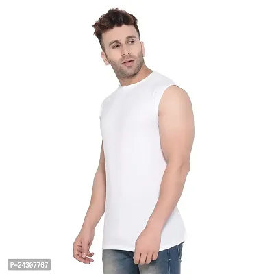 Stylish White Cotton Blend Sleeveless Solid T-Shirt For Men-thumb3