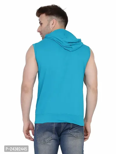 Stylish Turquoise Cotton Blend Solid Sleeveless Hoodies For Men-thumb2