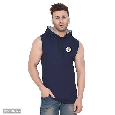 Stylish Navy Blue Cotton Blend Solid Sleeveless Hoodies For Men-thumb0