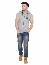 Stylish Silver Cotton Blend Solid Sleeveless Hoodies For Men-thumb3