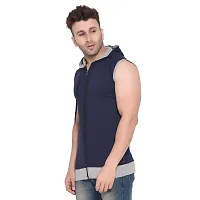 Stylish Navy Blue Cotton Blend Solid Sleeveless Hoodies For Men-thumb2