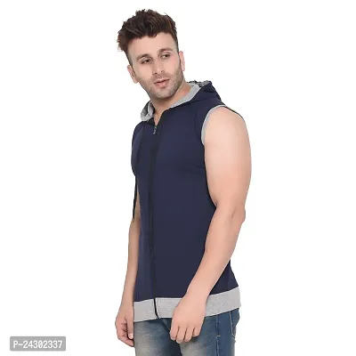 Stylish Navy Blue Cotton Blend Solid Sleeveless Hoodies For Men-thumb3