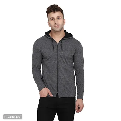 Stylish Grey Cotton Blend Solid Long Sleeves Hoodies For Men