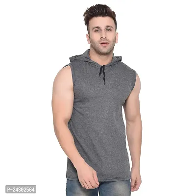 Stylish Grey Cotton Blend Solid Sleeveless Hoodies For Men