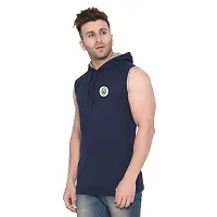 Stylish Navy Blue Cotton Blend Solid Sleeveless Hoodies For Men-thumb2