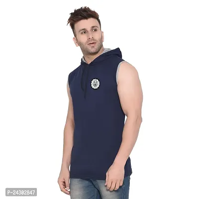 Stylish Navy Blue Cotton Blend Solid Sleeveless Hoodies For Men-thumb3