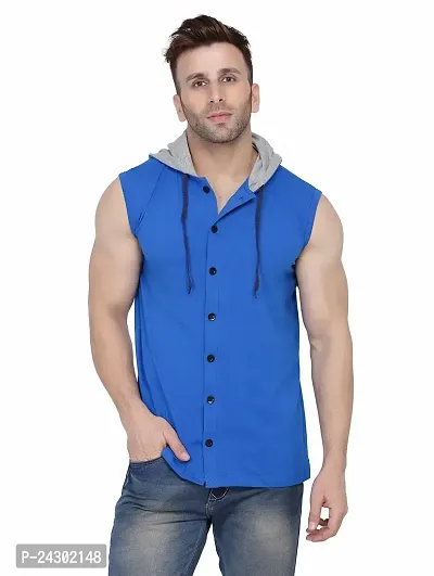 Stylish Blue Cotton Blend Solid Sleeveless Hoodies For Men