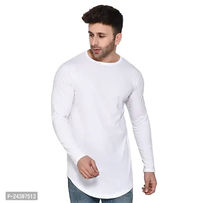 Stylish White Cotton Blend Long Sleeves Solid T-Shirt For Men