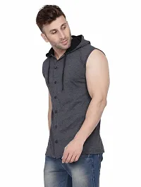 Stylish Grey Cotton Blend Solid Sleeveless Hoodies For Men-thumb2