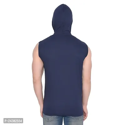 Stylish Navy Blue Cotton Blend Solid Sleeveless Hoodies For Men-thumb2