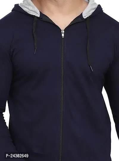 Stylish Navy Blue Cotton Blend Solid Long Sleeves Hoodies For Men-thumb5