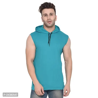 Stylish Turquoise Cotton Blend Solid Sleeveless Hoodies For Men-thumb0