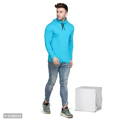 Stylish Turquoise Cotton Blend Solid Long Sleeves Hoodies For Men-thumb4