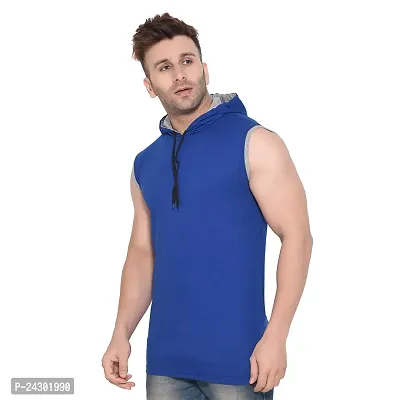 Stylish Blue Cotton Blend Solid Sleeveless Hoodies For Men-thumb3