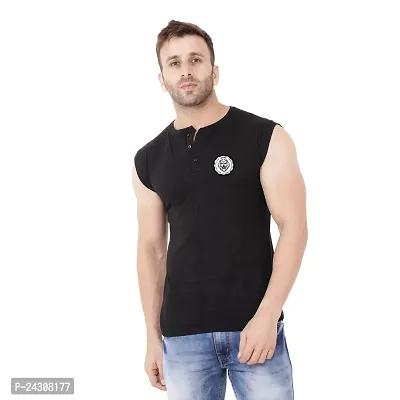 Stylish Black Cotton Blend Sleeveless Solid T-Shirt For Men