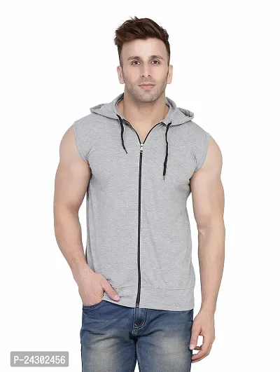 Stylish Silver Cotton Blend Solid Sleeveless Hoodies For Men