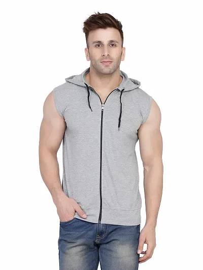 Stylish Blend Solid Sleeveless Hoodies For Men