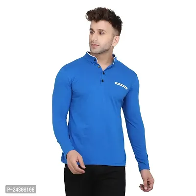 Stylish Blue Cotton Blend Long Sleeves Solid T-Shirt For Men