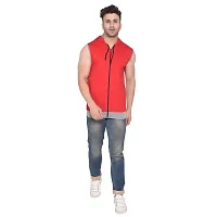 Stylish Red Cotton Blend Solid Sleeveless Hoodies For Men-thumb3