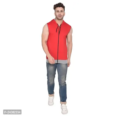 Stylish Red Cotton Blend Solid Sleeveless Hoodies For Men-thumb4