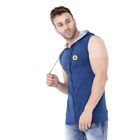 Stylish Blue Cotton Blend Solid Sleeveless Hoodies For Men-thumb2