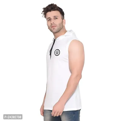 Stylish White Cotton Blend Solid Sleeveless Hoodies For Men-thumb3