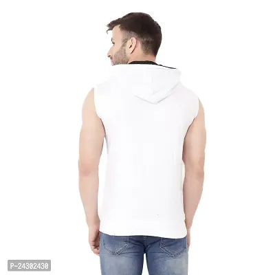 Stylish White Cotton Blend Solid Sleeveless Hoodies For Men-thumb2