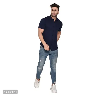 Stylish Navy Blue Cotton Blend Short Sleeves Regular Fit Casual Shirt For Men-thumb5