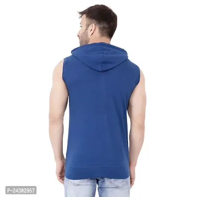 Stylish Blue Cotton Blend Solid Sleeveless Hoodies For Men-thumb2