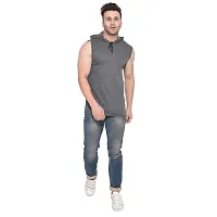 Stylish Grey Cotton Blend Solid Sleeveless Hoodies For Men-thumb4