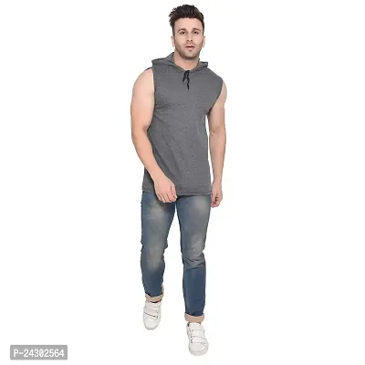 Stylish Grey Cotton Blend Solid Sleeveless Hoodies For Men-thumb5