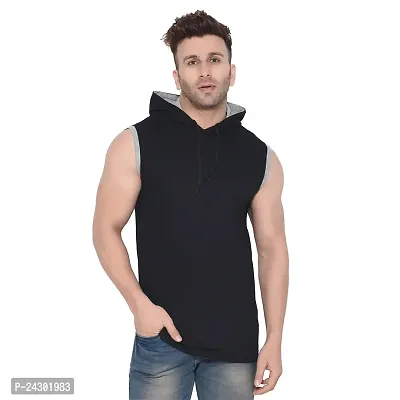 Stylish Black Cotton Blend Solid Sleeveless Hoodies For Men