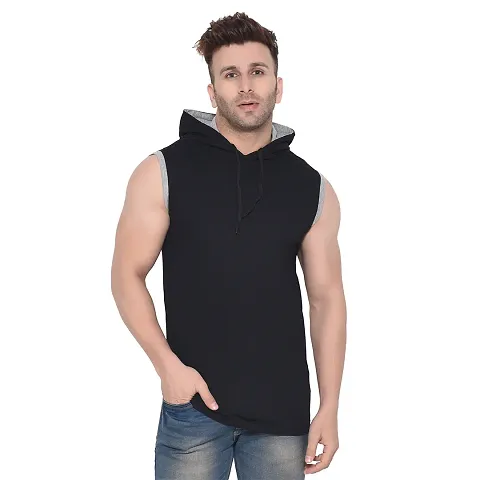 Stylish Cotton Blend Solid Sleeveless Hoodies For Men