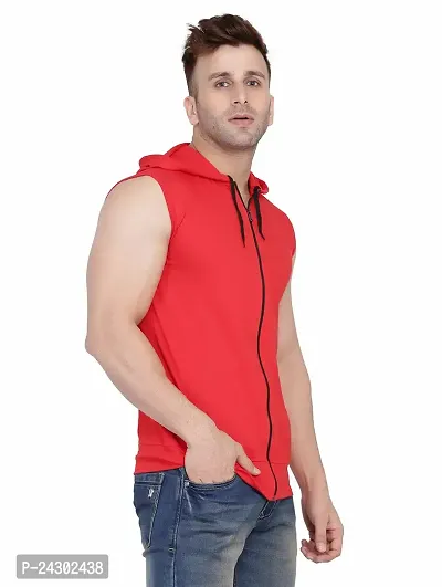 Stylish Red Cotton Blend Solid Sleeveless Hoodies For Men
