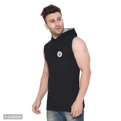 Stylish Black Cotton Blend Solid Sleeveless Hoodies For Men-thumb3