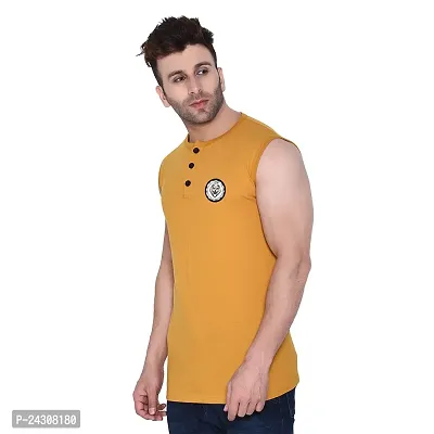 Stylish Golden Cotton Blend Sleeveless Solid T-Shirt For Men-thumb3