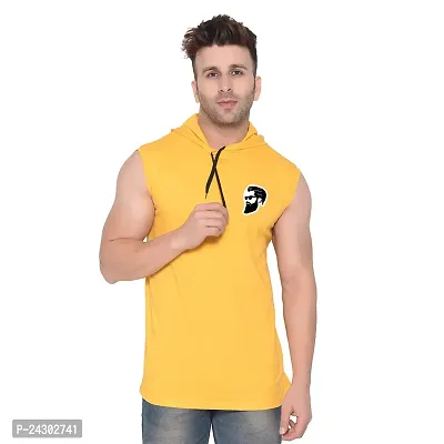 Stylish Yellow Cotton Blend Solid Sleeveless Hoodies For Men
