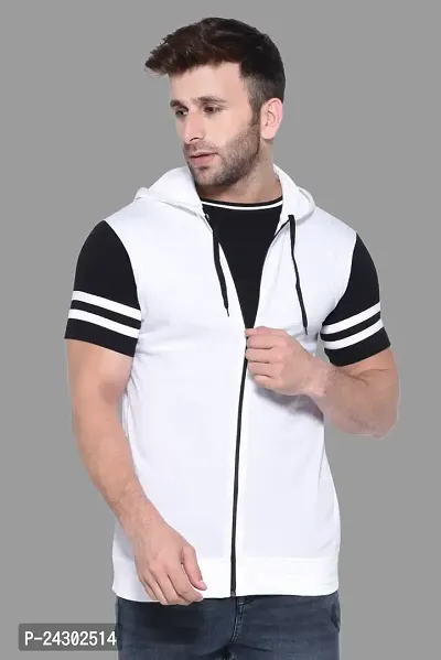 Stylish White Cotton Blend Solid Short Sleeves Hoodies For Men